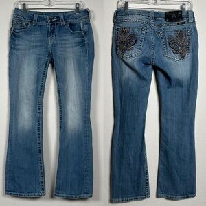 Miss Me Boot Cut Biker Jeans JP5182B10 Embellished Pockets Faded Denim Womens 28